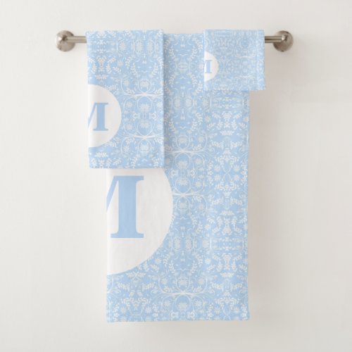 Soft Blue and White Botanical with Monogram Bath Towel Set