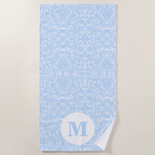 Soft Blue and White Botanical with Monogram Beach Towel (Front)