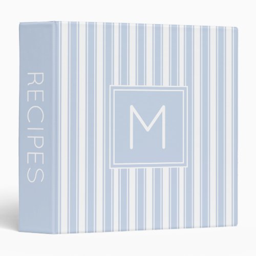 Soft Blue and White Ticking Stripe Monogram 3 Ring Binder