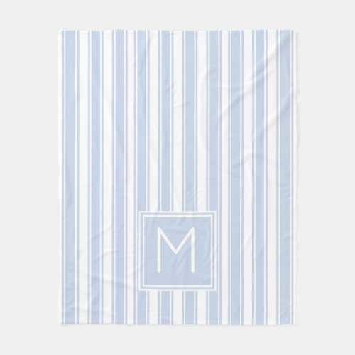 Soft Blue and White Ticking Stripe Monogram Fleece Blanket