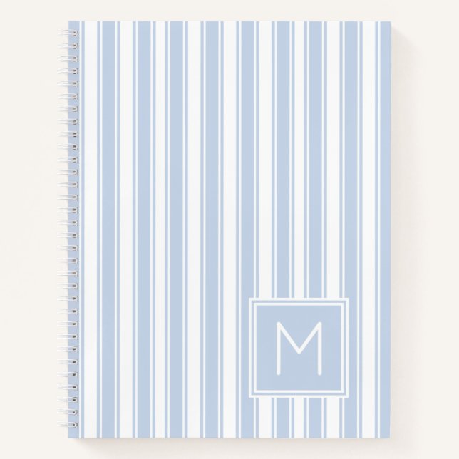 Soft Blue and White Ticking Stripe Monogram Notebook (Front)