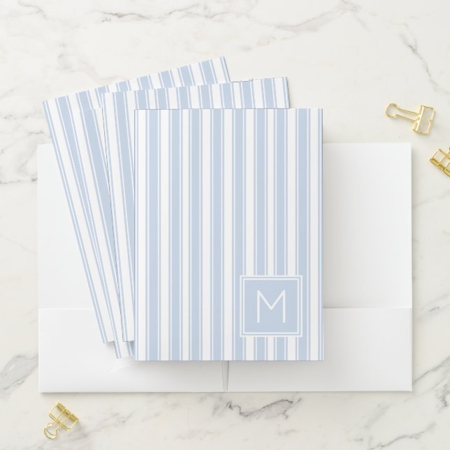 Soft Blue and White Ticking Stripes Monogram Pocket Folder (In Situ)