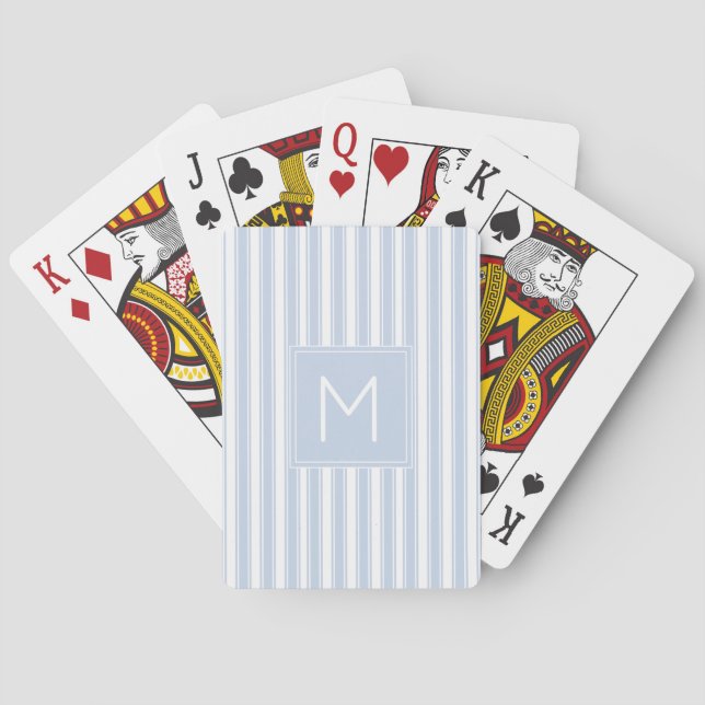Soft Blue and White Ticking Stripes Monogram Poker Cards (Back)
