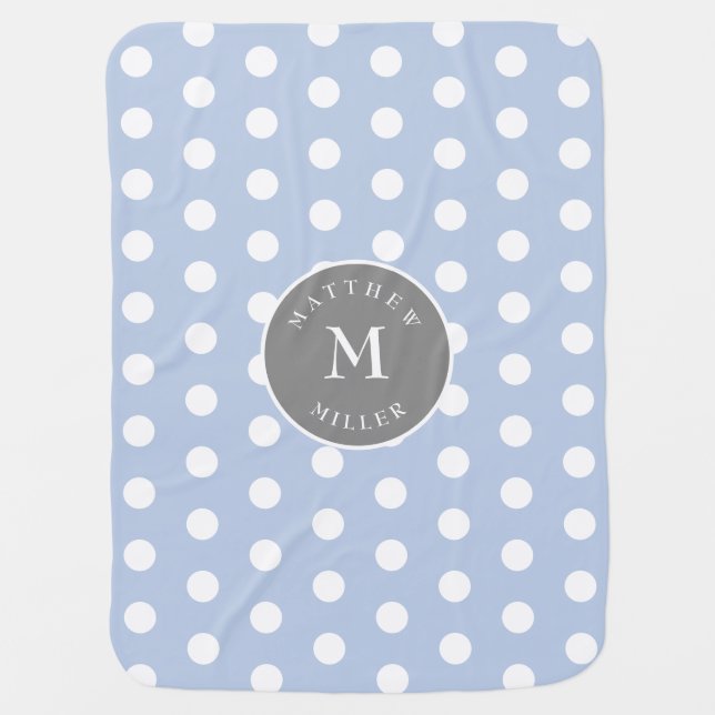 Soft Blue Baby Blanket Polka Dots, Name, Initial (Front)