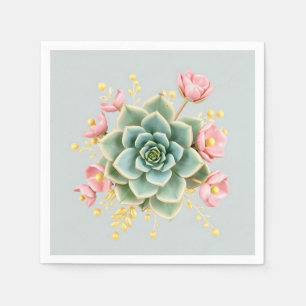 Soft Blue Background with Green Succulent and Pink Napkins