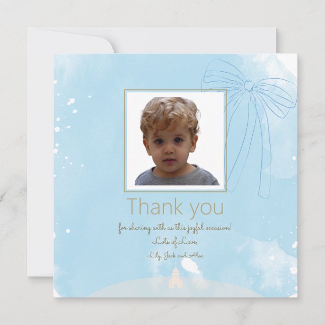 Soft Blue Baptism Thank you card with Gold Accents (Front)