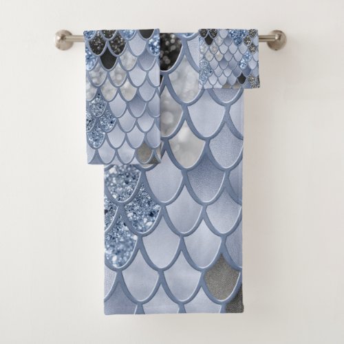 Soft Blue Black Mermaid Scales Glam 1 art Bath Towel Set