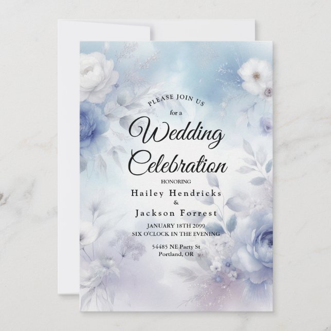 Soft Blue Blossoms and Lavender Mist Wedding Invitation (Front)