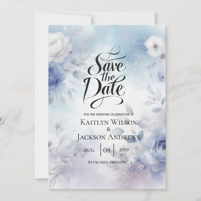 Soft Blue Blossoms and Lavender Mist Wedding Save The Date (Front)