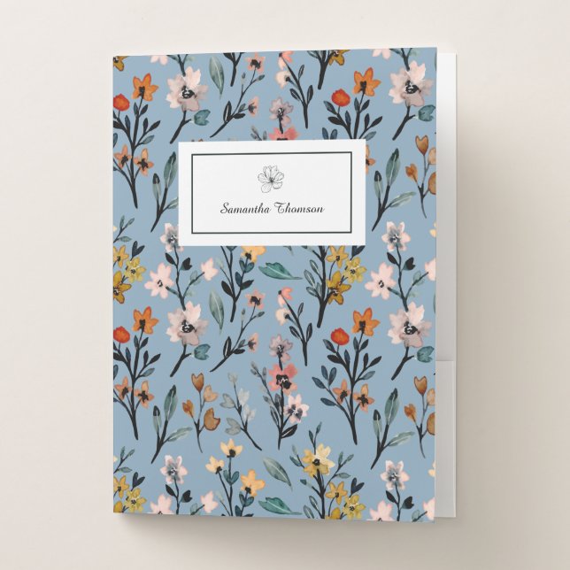 Soft Blue Bohemian Blooms Custom Pocket Folder (Front)