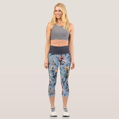 Soft Blue Bohemian Floral Watercolor Capri Leggings