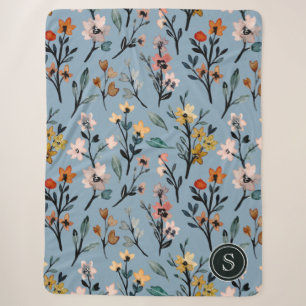 Soft Blue Bohemian Floral Watercolor Custom Sherpa Blanket