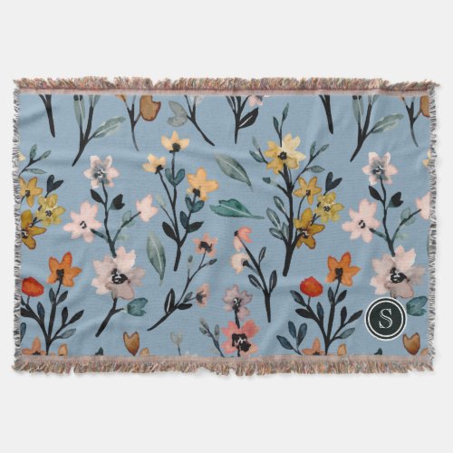 Soft Blue Bohemian Floral Watercolor Custom Throw Blanket