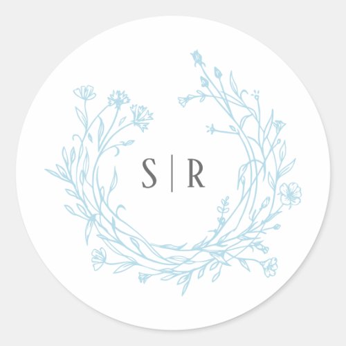 Soft Blue Boho Floral Monogram Custom Wedding Classic Round Sticker