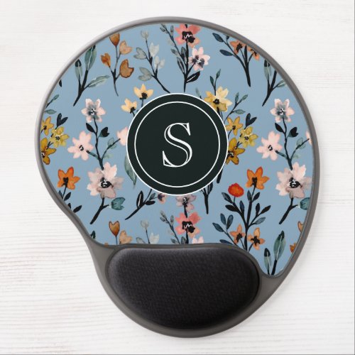 Soft Blue Boho Watercolor Botanical Monogrammed  Gel Mouse Pad