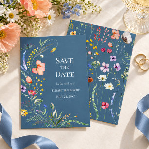 Soft Blue Boho Wildflowers Save The Date Invitation