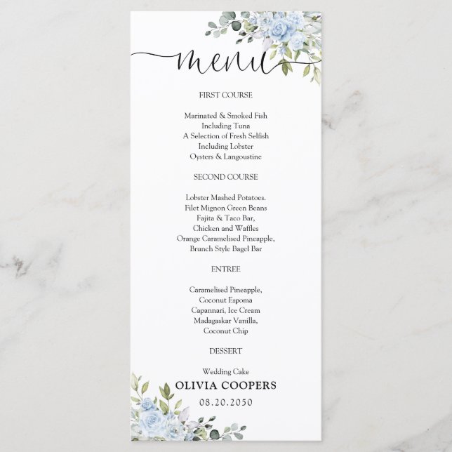 Soft Blue Botanical Baby Shower Menu (Front)