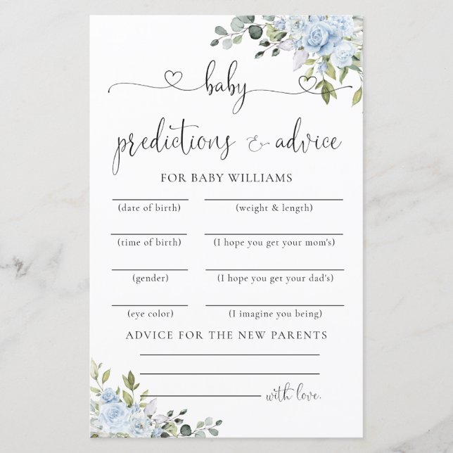 Soft Blue Botanical Baby Shower Predictions Card (Front)