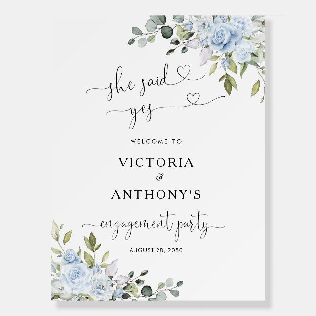 Soft Blue Botanical Engagement Party Foam Board (Front)