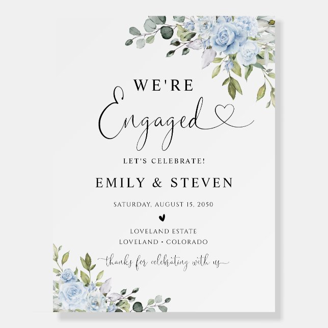 Soft Blue Botanical Engagement Party Foam Boards (Front)