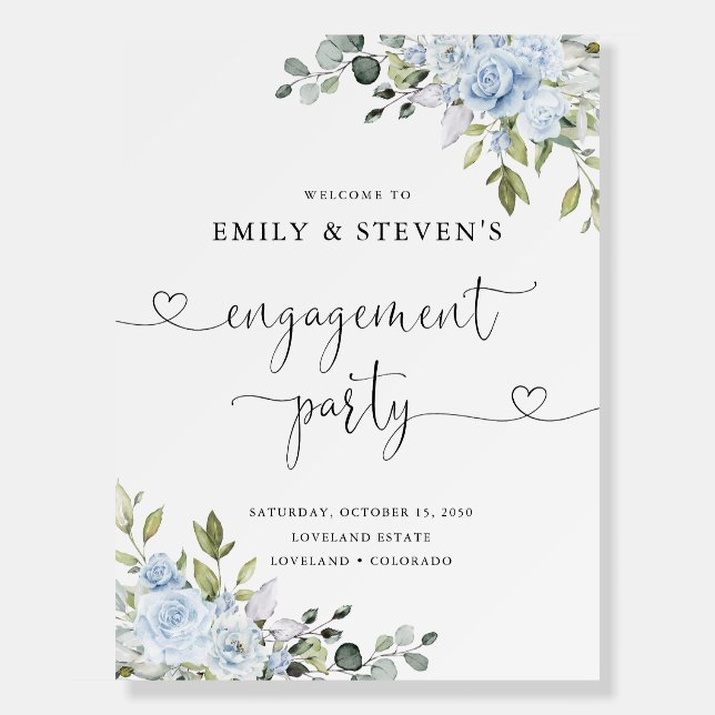 Soft Blue Botanical Engagement Party Foam Boards (Front)