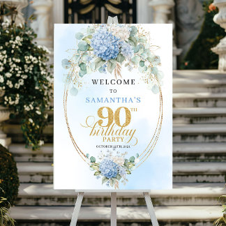 Soft Blue Botanical Gold 90th birthday welcome Poster
