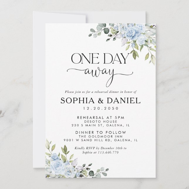 Soft Blue Botanical One Day Away Invitation (Front)