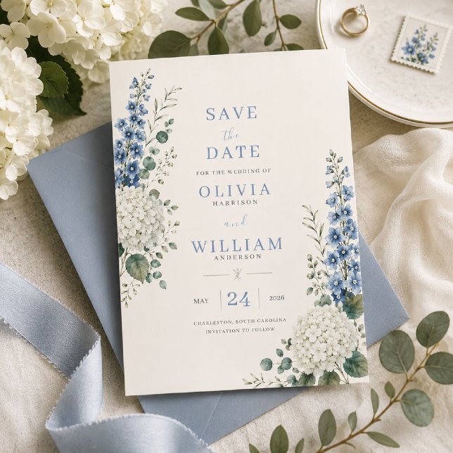 Soft Blue Botanical Save the Date Invitation (Creator Uploaded)