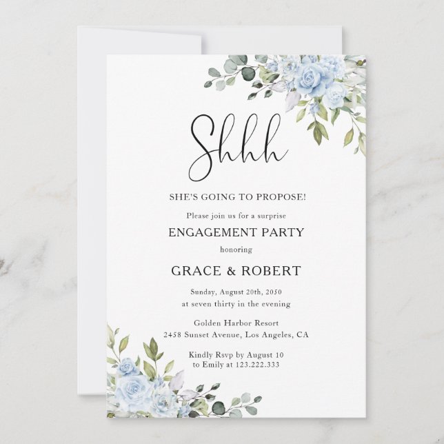 Soft Blue Botanical Surprise Engagement Party Invitation (Front)