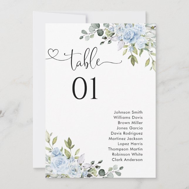 Soft Blue Botanical Table Number Seating Chart (Front)