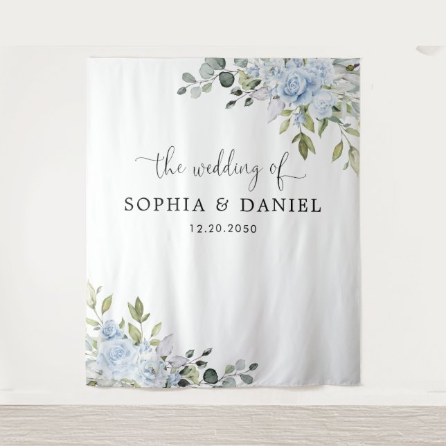 Soft Blue Botanical Wedding Backdrops Banner (Front)