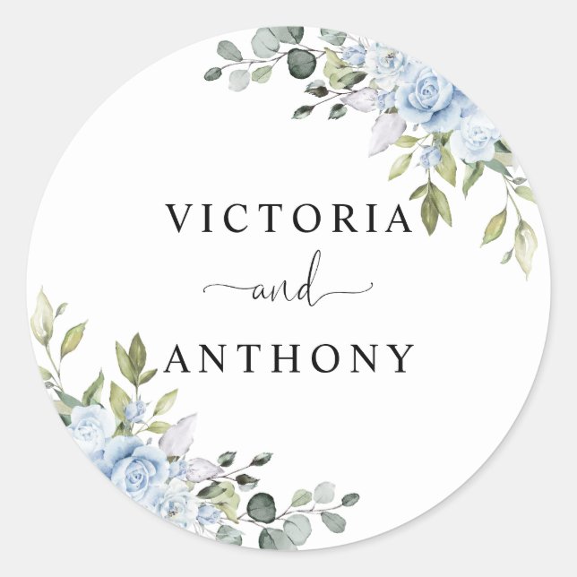 Soft Blue Botanical Wedding Classic Round Sticker (Front)