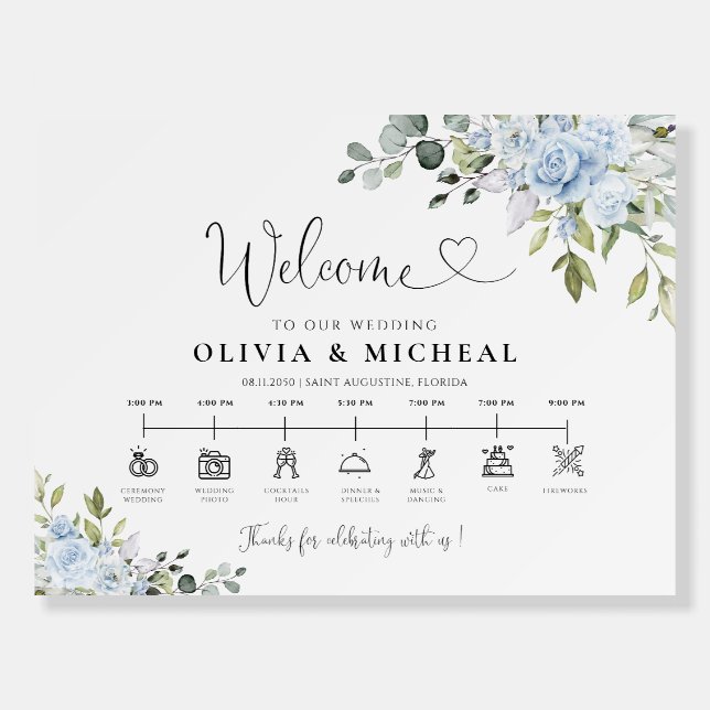 Soft Blue Botanical Wedding Day Icons Timeline Foam Board (Front)