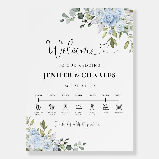 Soft Blue Botanical Wedding Day Icons Timeline Foam Board (Front)