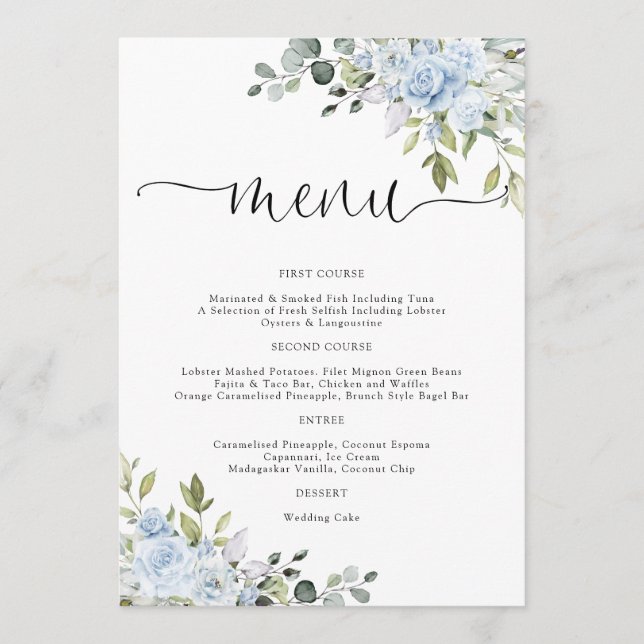 Soft Blue Botanical Wedding Menu (Front)