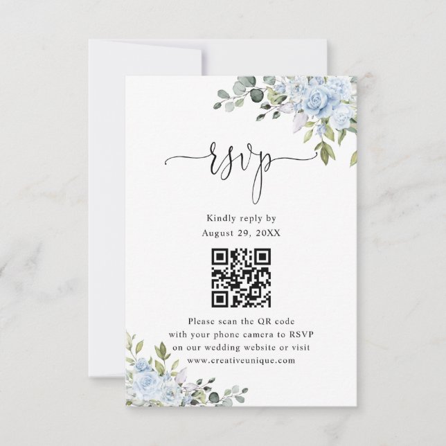 Soft Blue Botanical Wedding Website QR Code RSVP Card (Front)