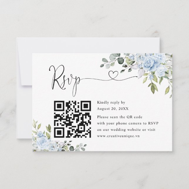 Soft Blue Botanical Wedding Website QR Code RSVP Card (Front)