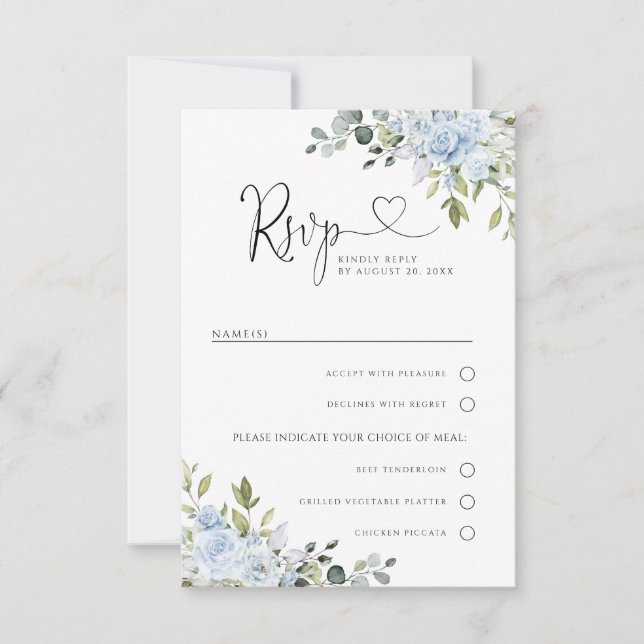 Soft Blue Botanical Wedding With Meal Choice RSVP  Card (Front)