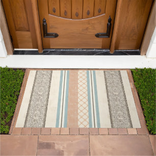 Soft Blue Cream Brown Peach Farmhouse Stripe Doormat