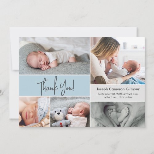 Soft blue Custom Photo Collage Baby Boy Birth Thank You Card