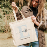 Soft Blue Customized Bridal Party Bridesmaid Gift Tote Bag<br><div class="desc">Looking for the perfect gift for your bridesmaids? Look no further than our soft blue personalized tote bags! Each tote bag is personalized with your bridesmaid's initials and can be made in any color you choose. Perfect for carrying all of your gear for the wedding day, these tote bags make...</div>