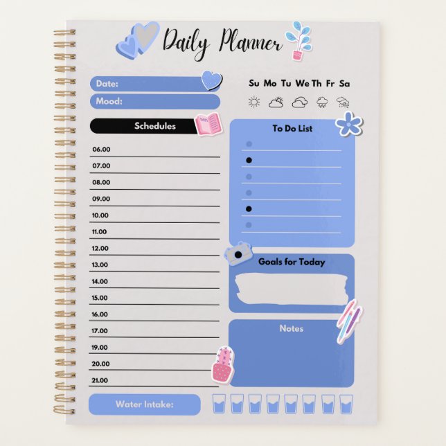 Soft Blue Daily Planner with Mood & Water Track (Front)