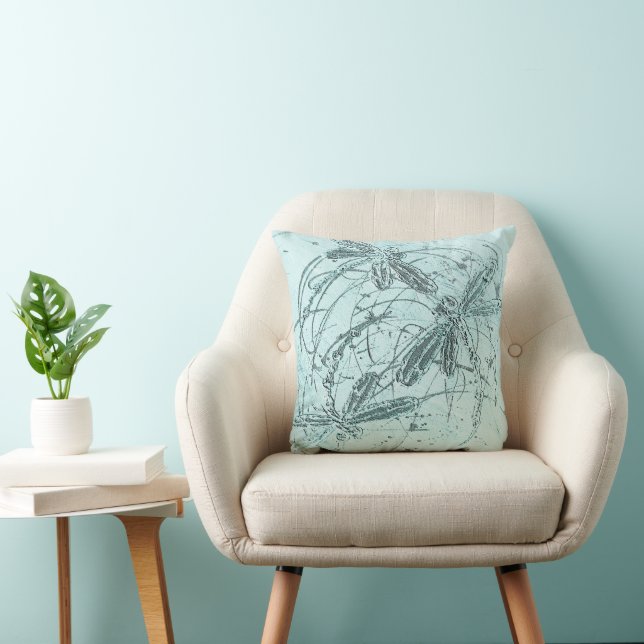 Soft Blue Dragonfly Dance Throw Pillow (Chair)