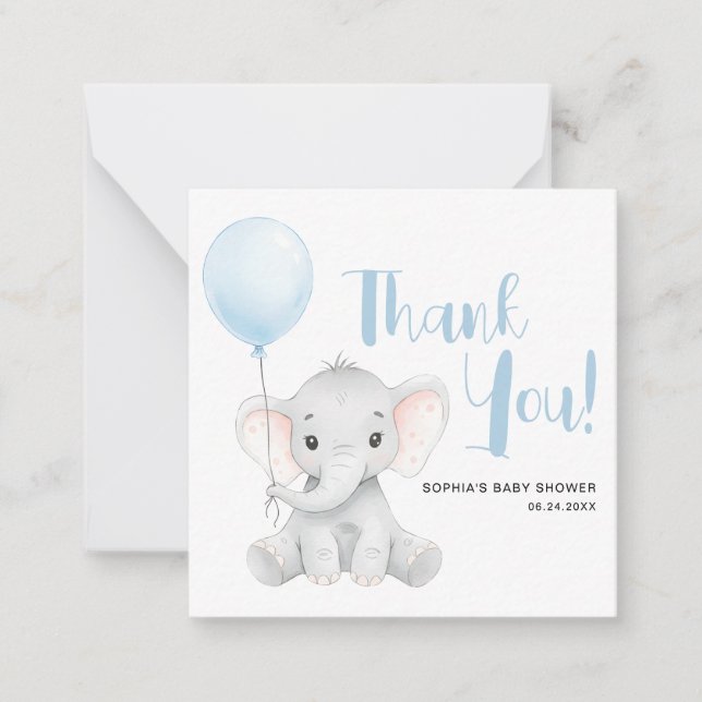 Soft Blue Elephant Baby Shower Budget Thank You Note Card (Front)