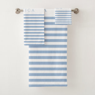 Soft Blue Farmhouse Stripe Pattern Personalized Bath Towel Set