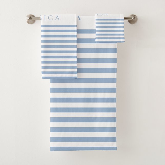 Soft Blue Farmhouse Stripe Pattern Personalized Bath Towel Set (Insitu)