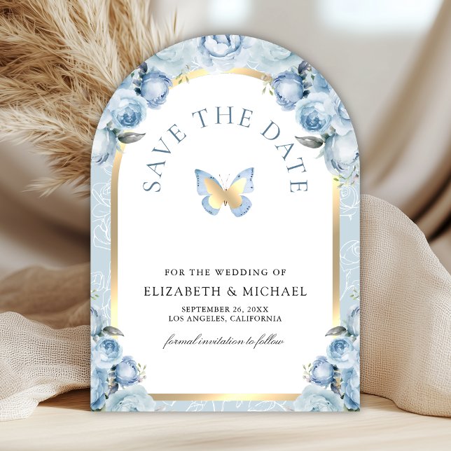 Soft Blue Floral Arch Butterfly Photo Wedding Save The Date (Creator Uploaded)