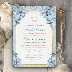 Soft Blue Floral Arch Butterfly Wedding Gold Foil Invitation