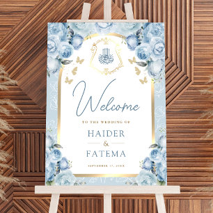 Soft Blue Floral Arch Muslim Wedding Welcome Sign