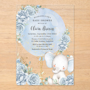Soft Blue Floral Balloon Elephant Boy Baby Shower Acrylic Invitations